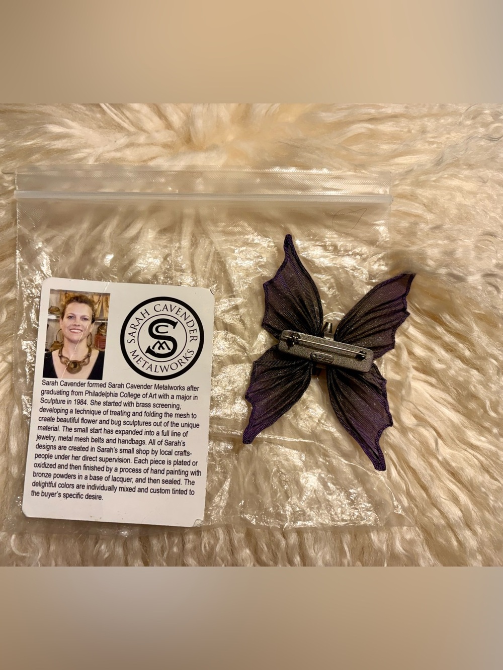 Sarah Cavender Metalworks Purple Metal Mesh Butterfly Brooch Handmade USA - Picture 5 of 6